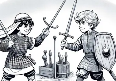 Zwei Kinder spielen Turnier mit Holzschwertern und Schild – Malvorlage Mittelalter gratis