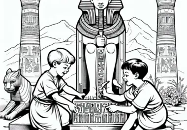 Zwei Kinder spielen unter einer Statue der Göttin Bastet – Ausmalbild Ägyptisches Reich kostenlos
