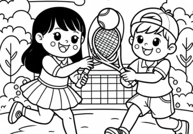 Zwei Kinder Spielen Tennis im Park – Ausmalbild Kostenlos