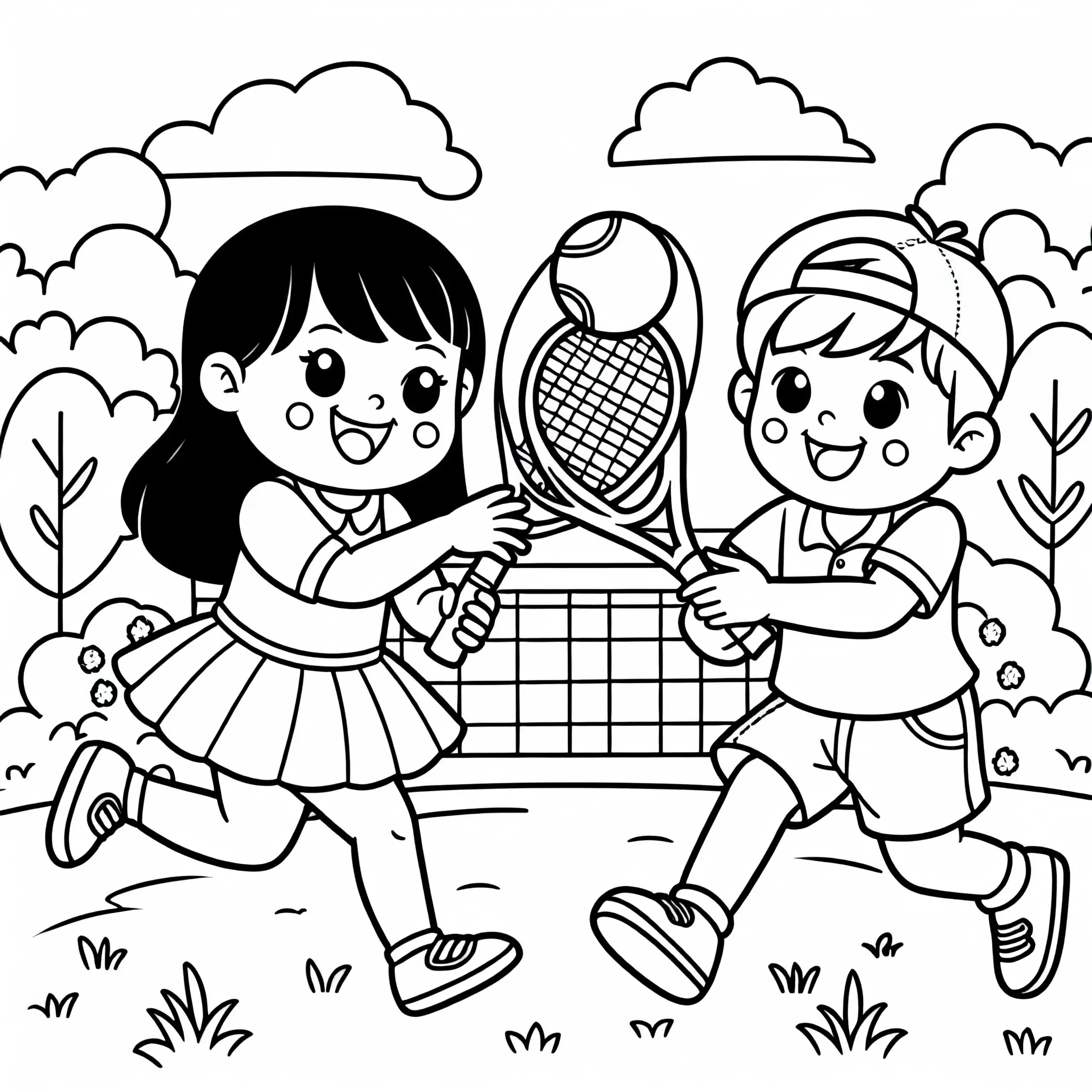 Zwei Kinder Spielen Tennis im Park – Ausmalbild Kostenlos