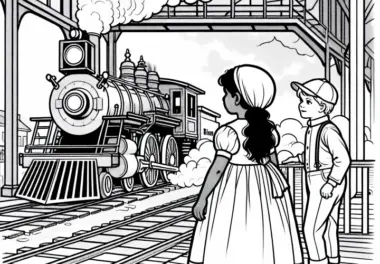 Zwei Kinder stehen am Bahnsteig und bestaunen eine dampfende Lokomotive – Malvorlage Industrielle Revolution gratis