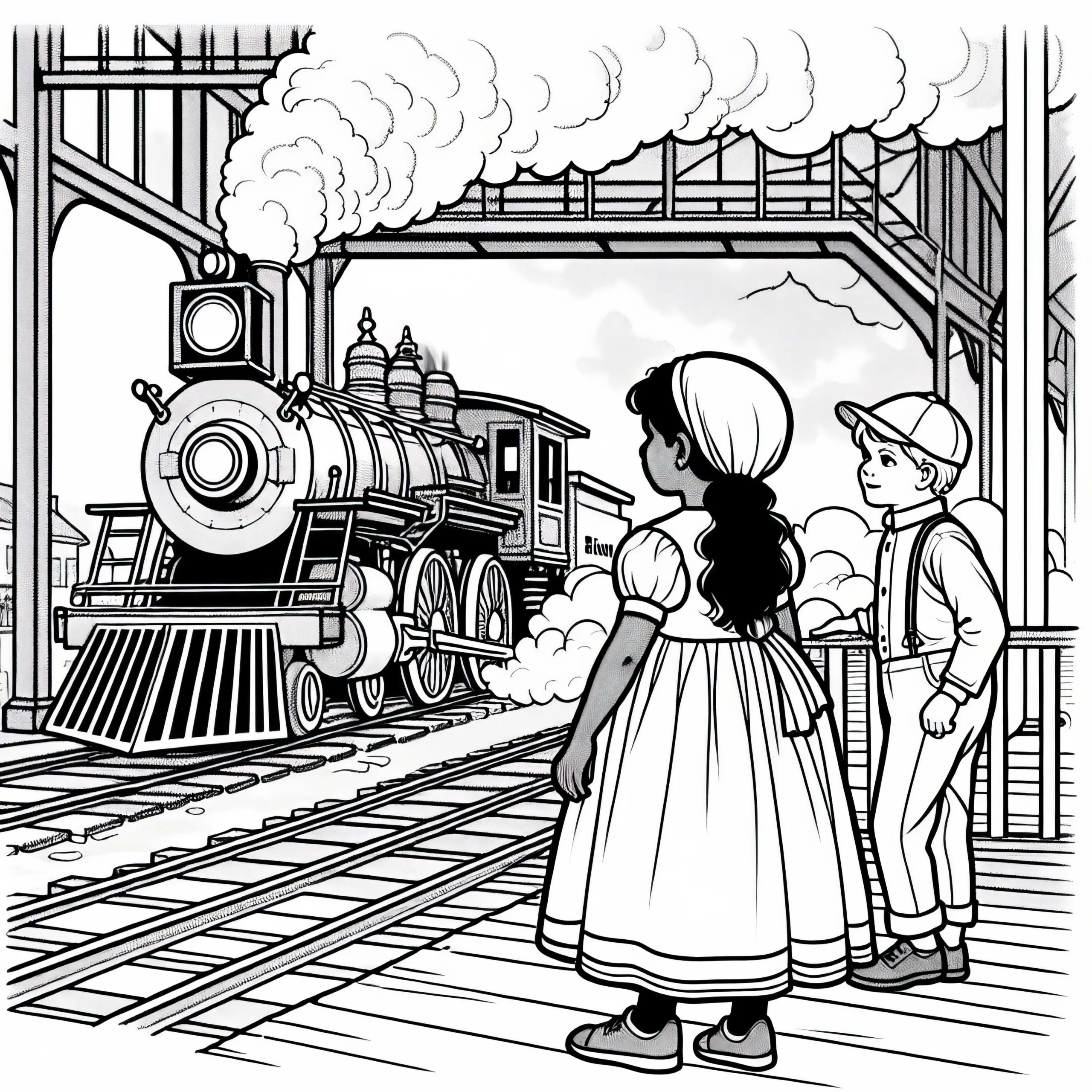 Zwei Kinder stehen am Bahnsteig und bestaunen eine dampfende Lokomotive – Malvorlage Industrielle Revolution gratis (Ausmalbild)