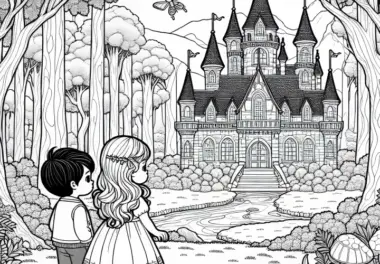 Zwei Kinder Stehen Vor Geheimnisvollem Märchenschloss im Wald – Ausmalbild Kostenlos