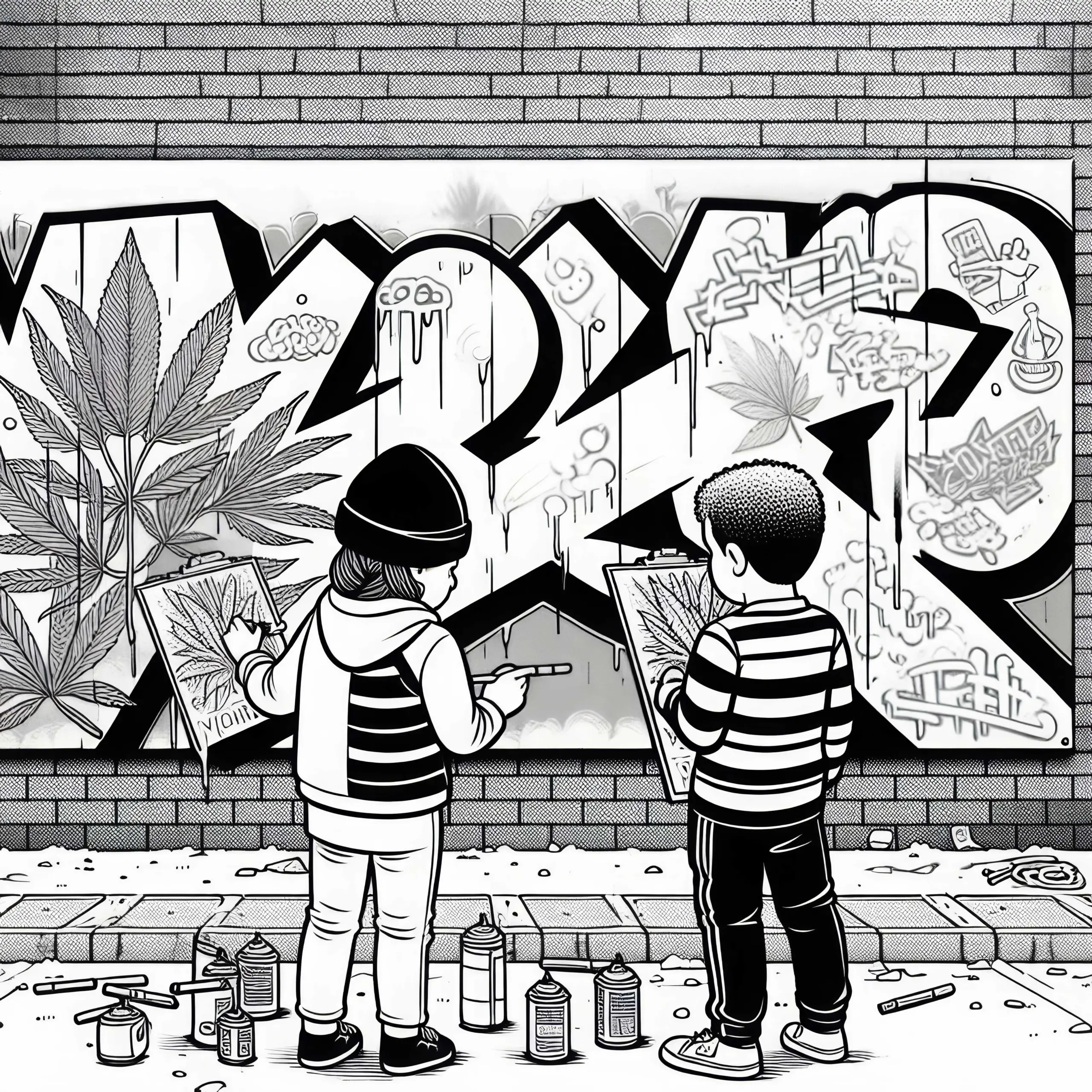 Zwei Kinder Stehen Vor Graffitiwand und Besprechen Ihr Nächstes Bild: Ausmalbild Kostenlos