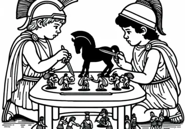 Zwei Kinder stellen Szene aus trojanischem Krieg mit Figuren nach Malvorlage Griechische Antike