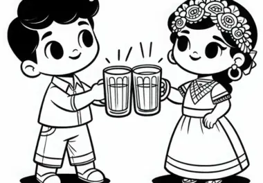 Zwei Kinder stoßen mit Trinkbechern an – Prost! Ausmalbild kostenlos