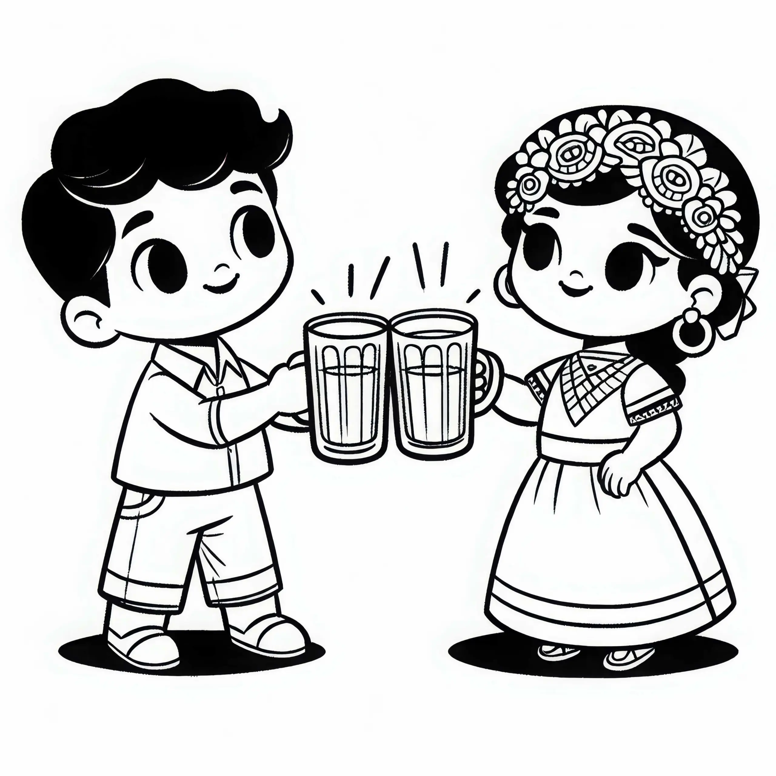 Zwei Kinder stoßen mit Trinkbechern an – Prost! Ausmalbild kostenlos