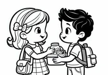 Zwei Kinder Tauschen Pausenbrote auf dem Schulhof – Ausmalbild Kostenlos