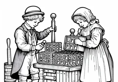 Zwei Kinder mit Buchstaben und Stempel – Malvorlage Buchdruck kostenlos