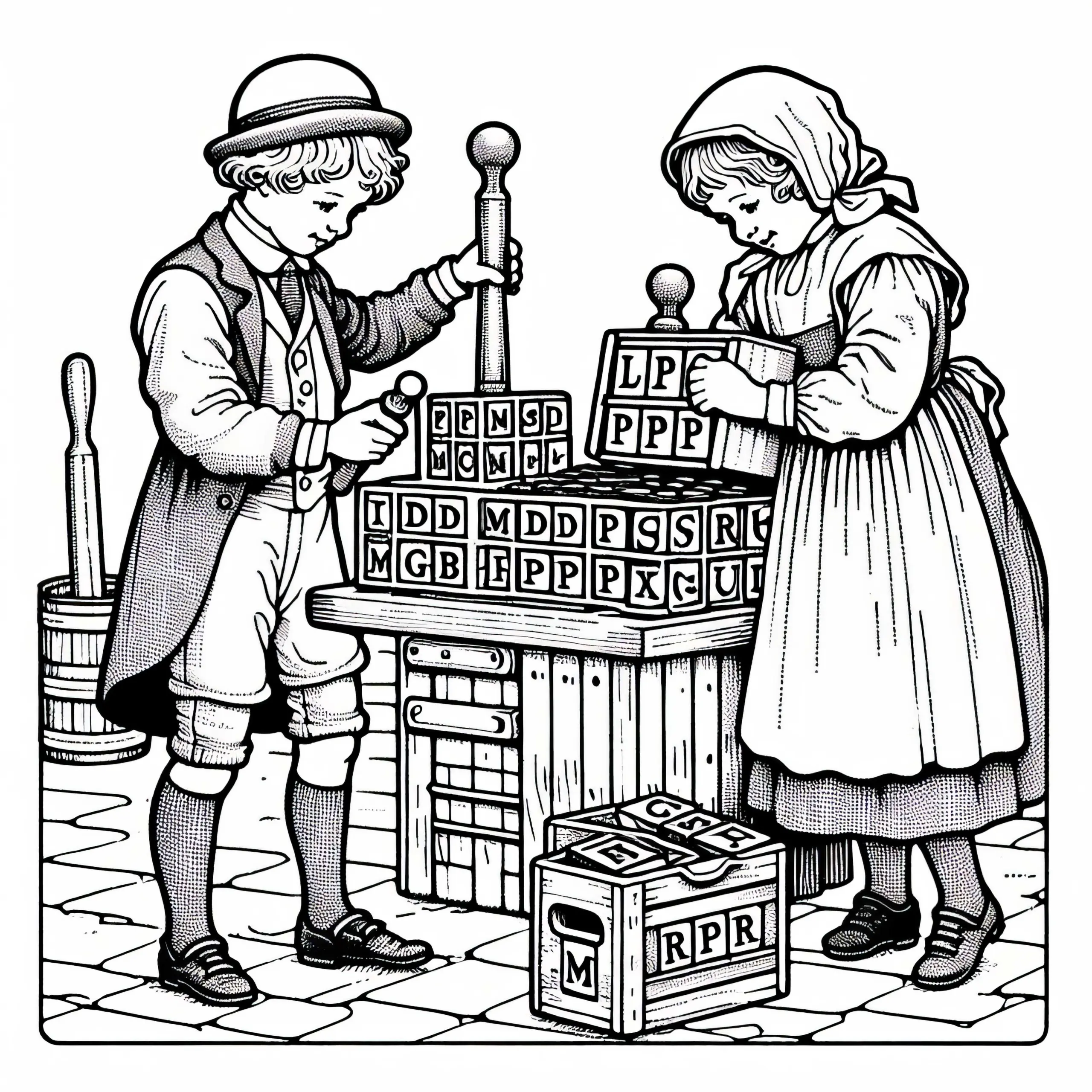 Zwei Kinder mit Buchstaben und Stempel – Malvorlage Buchdruck kostenlos (Ausmalbild)