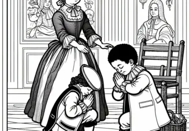 Zwei Kinder üben höfisches Verbeugen mithilfe einer Gouvernante Ausmalbild Barockzeit kostenlos