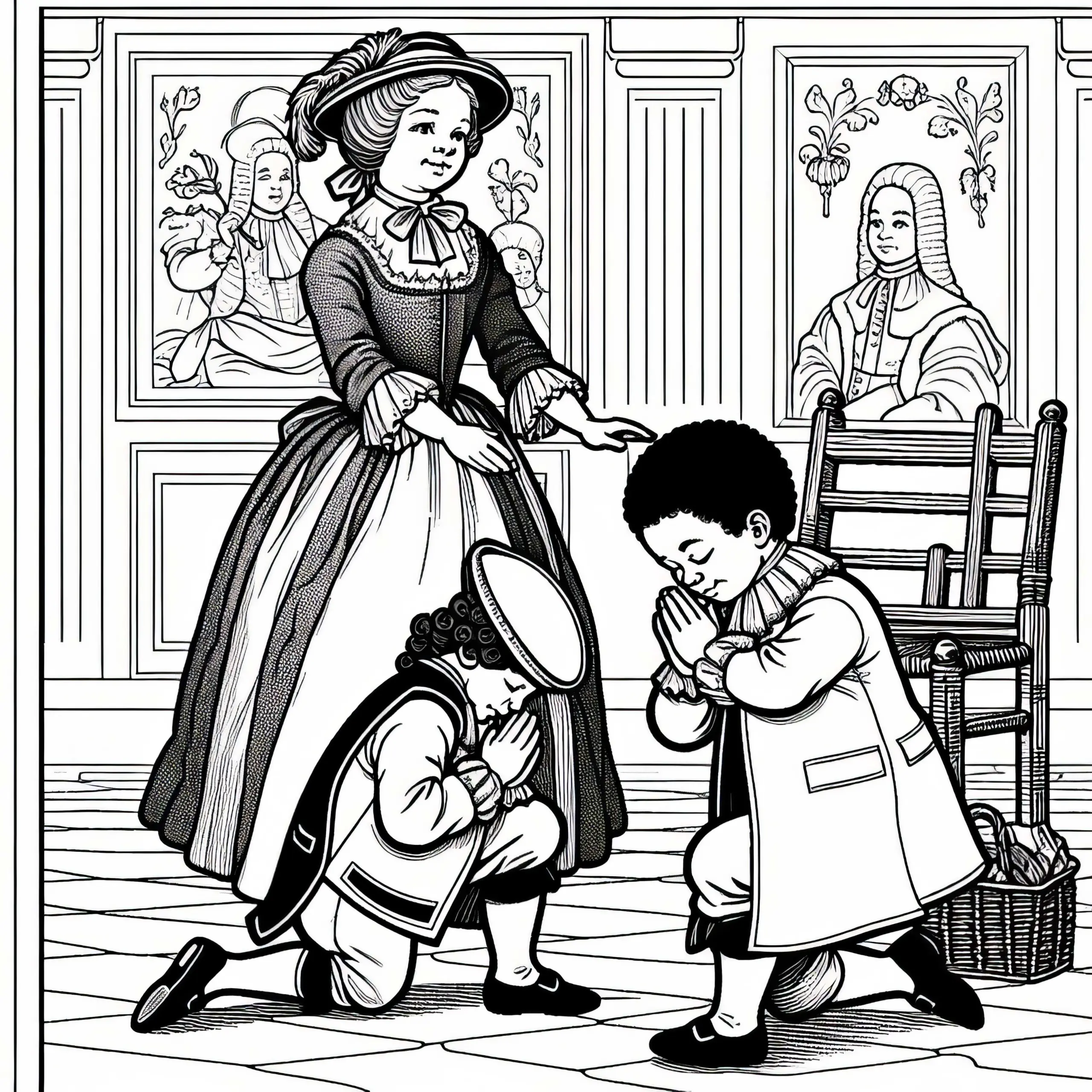 Zwei Kinder üben höfisches Verbeugen mithilfe einer Gouvernante Ausmalbild Barockzeit kostenlos