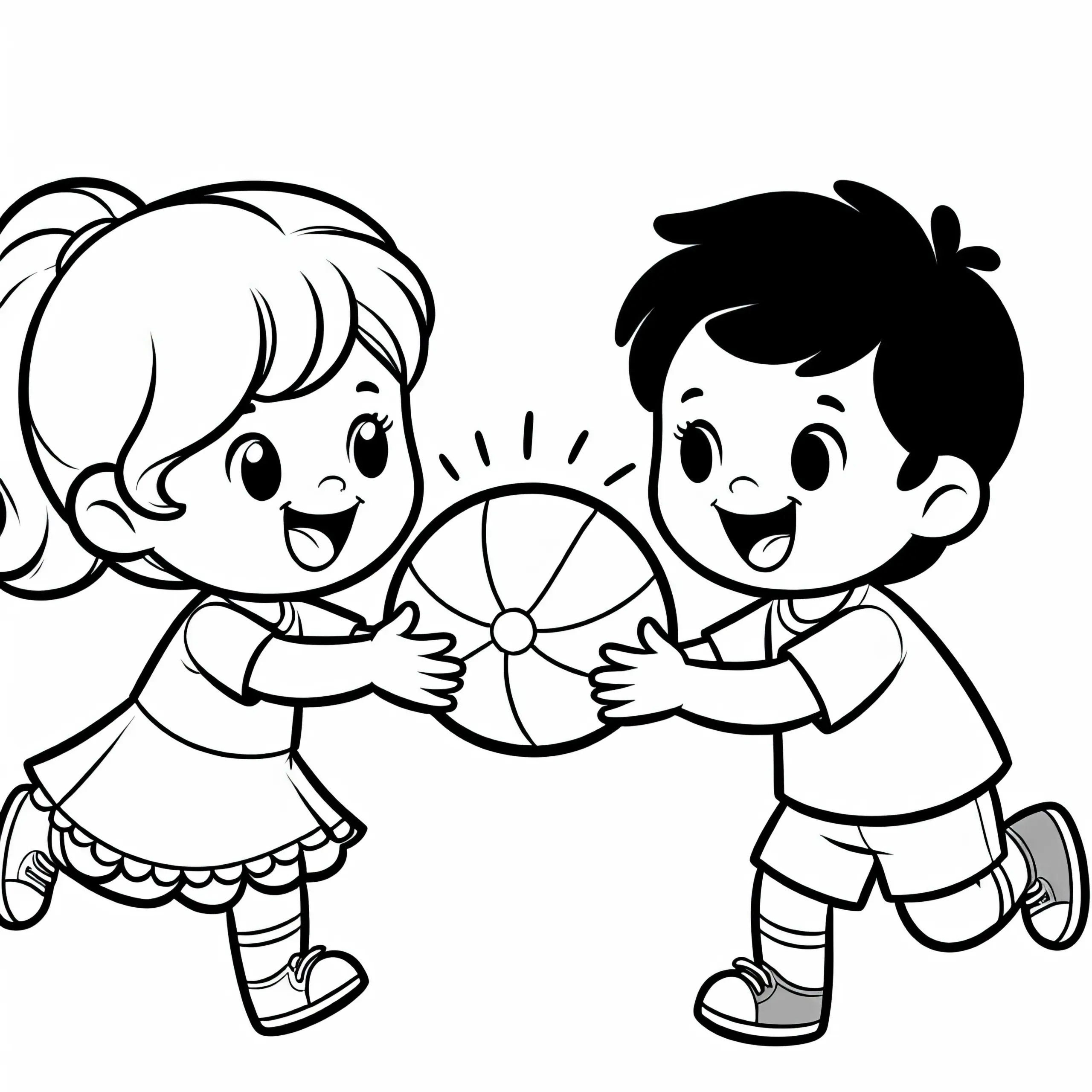Zwei Kinder werfen sich fröhlich einen Ball zu – Malvorlage kostenlos (Ausmalbild)