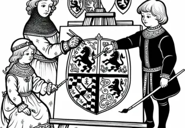 Zwei Kinder zeichnen Wappen auf ein Tuch – Malvorlage Mittelalter kostenlos