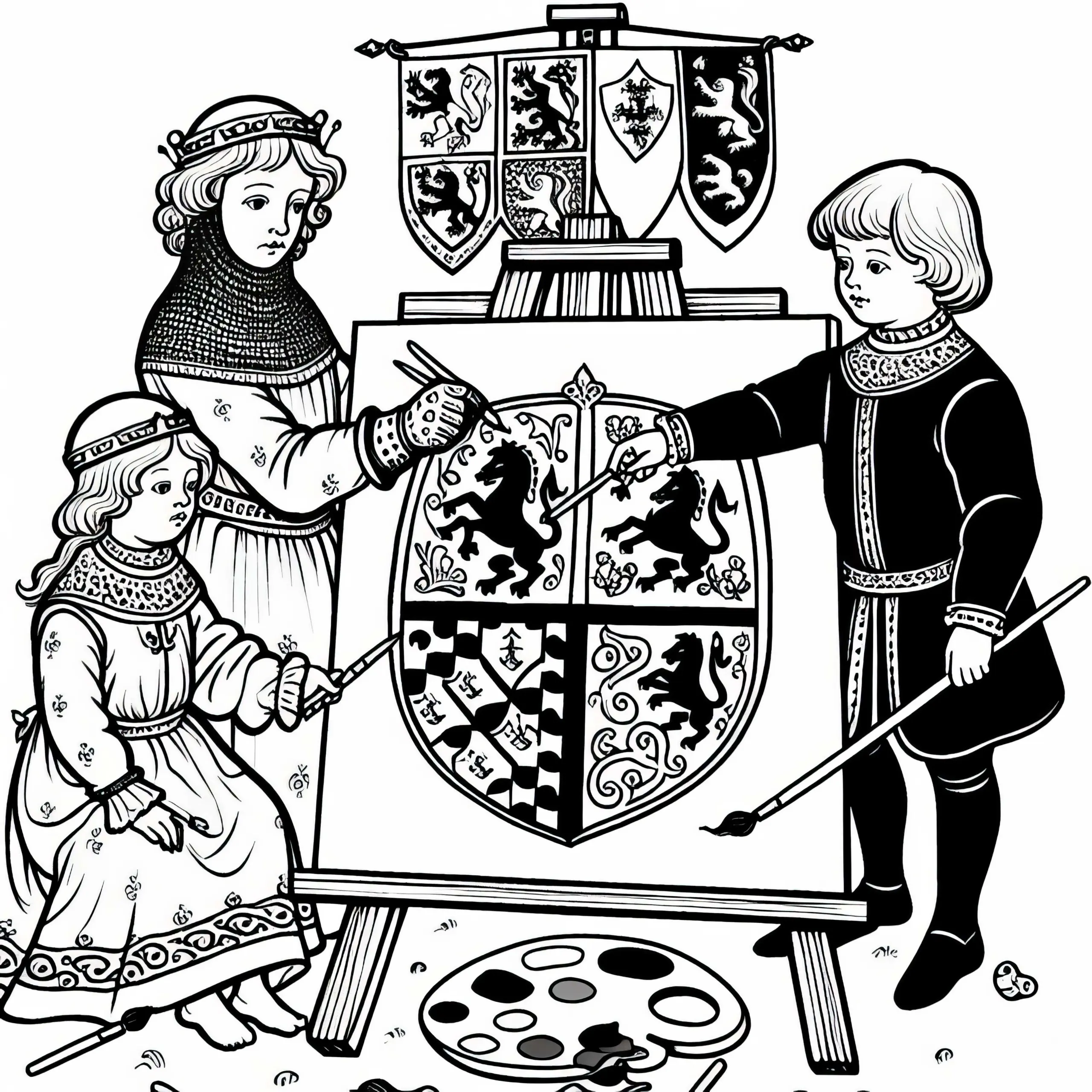 Zwei Kinder zeichnen Wappen auf ein Tuch – Malvorlage Mittelalter kostenlos (Ausmalbild)