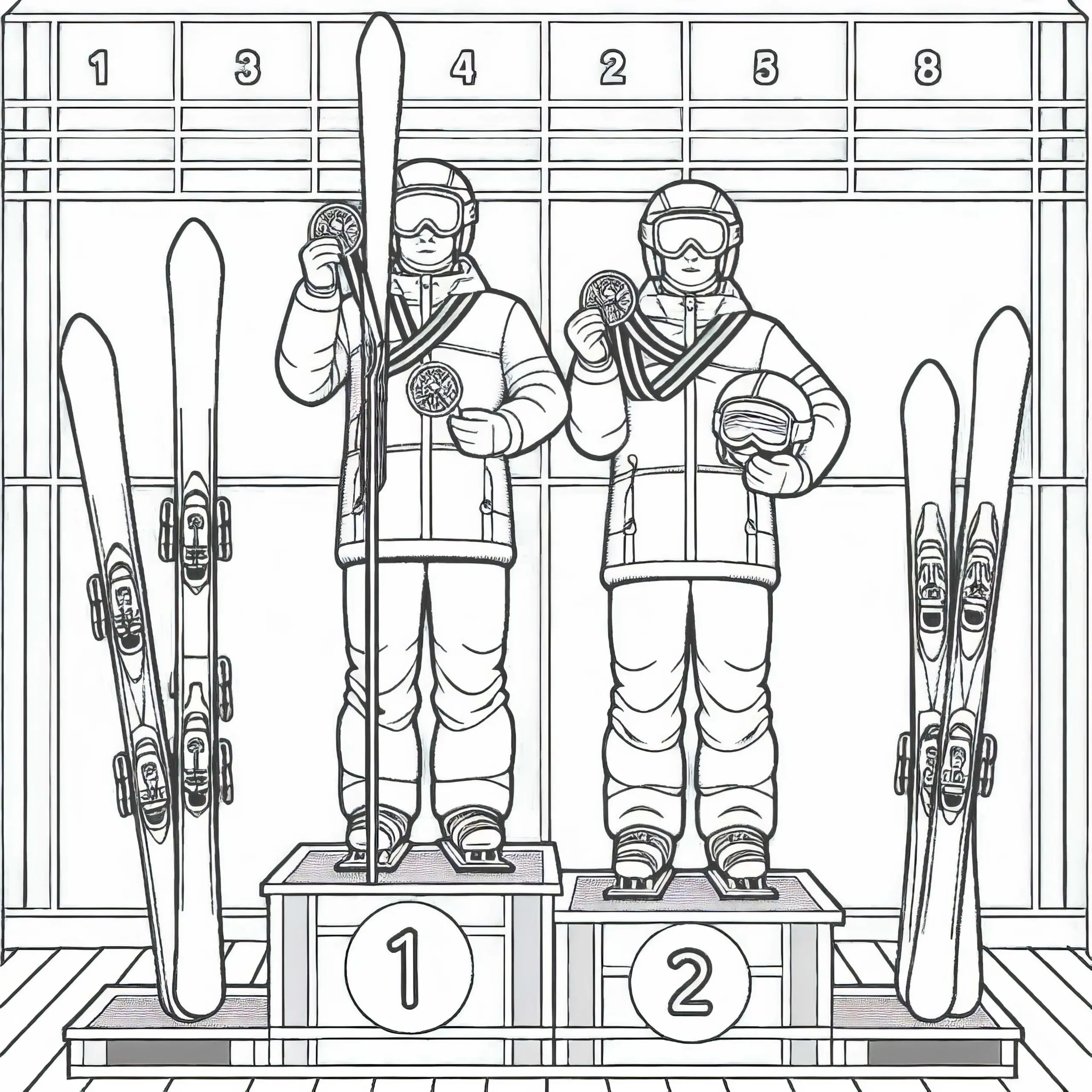 Zwei Konkurrenten stehen nach Ski-Alpin auf dem Podium – Ausmalbild gratis