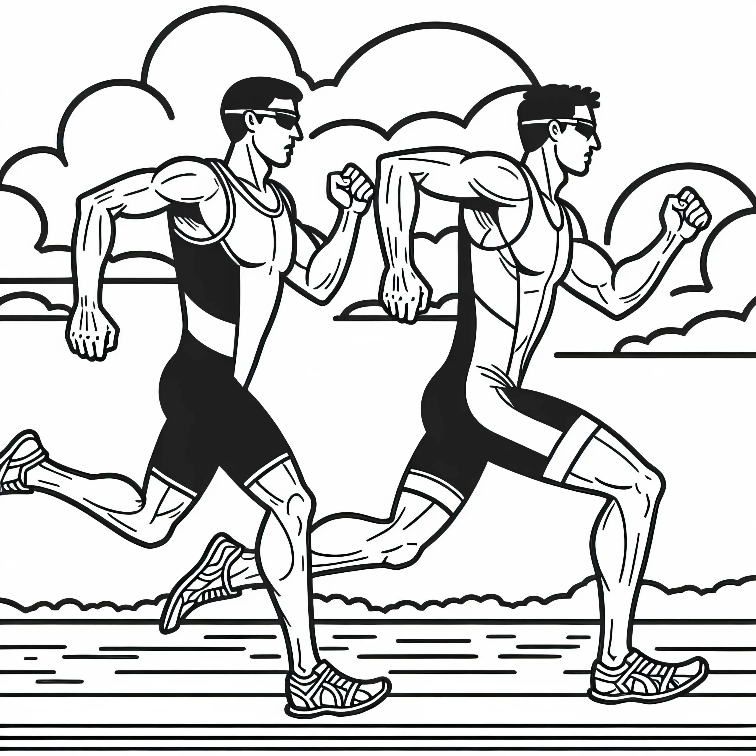 Zwei Konkurrenten überholen sich beim Triathlon im Laufschritt – Malvorlage kostenlos (Ausmalbild)