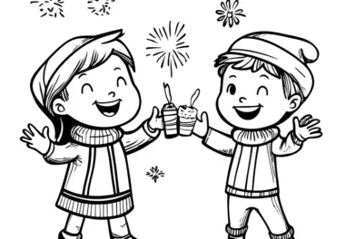 Zwei lachende Kinder und ein Feuerwerk zum Ausmalen
