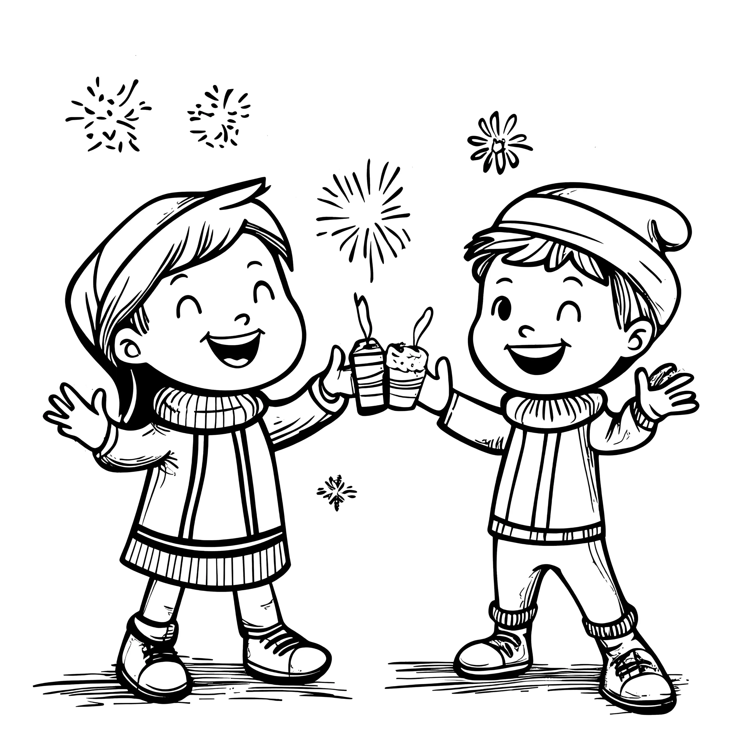 Zwei lachende Kinder und ein Feuerwerk zum Ausmalen (Ausmalbild)