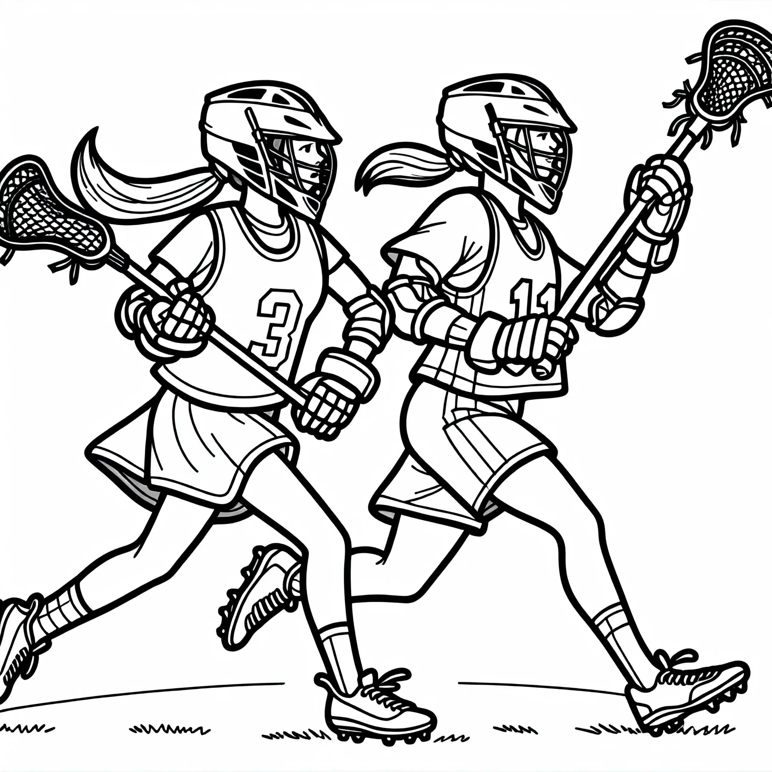Zwei Lacrosse-Spielerinnen Rennen Nebeneinander – Malvorlage Kostenlos (Ausmalbild)