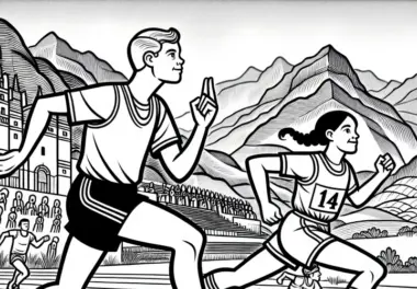 Zwei Läufer liefern sich ein packendes Rennen auf der Laufbahn – Malvorlage Leichtathletik kostenlos