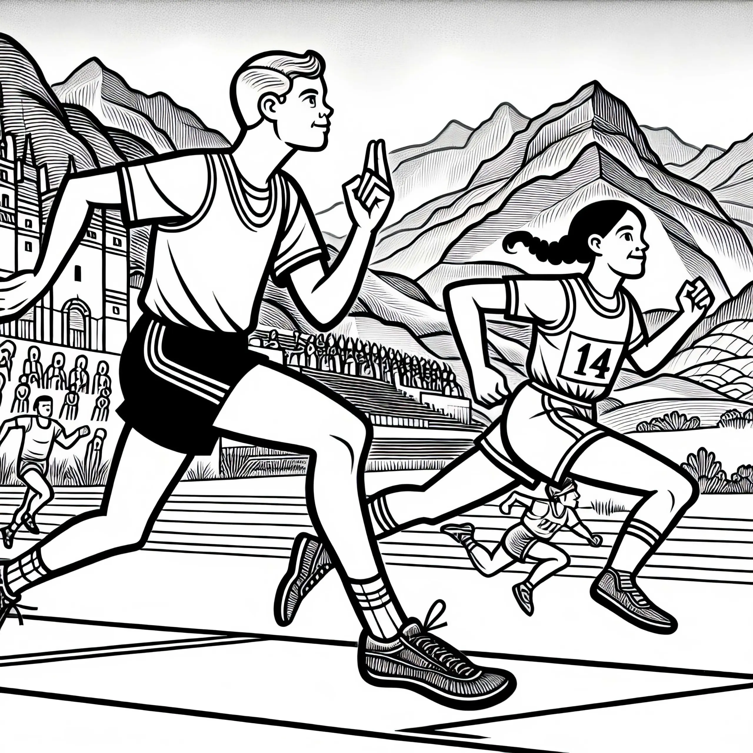 Zwei Läufer liefern sich ein packendes Rennen auf der Laufbahn – Malvorlage Leichtathletik kostenlos (Ausmalbild)