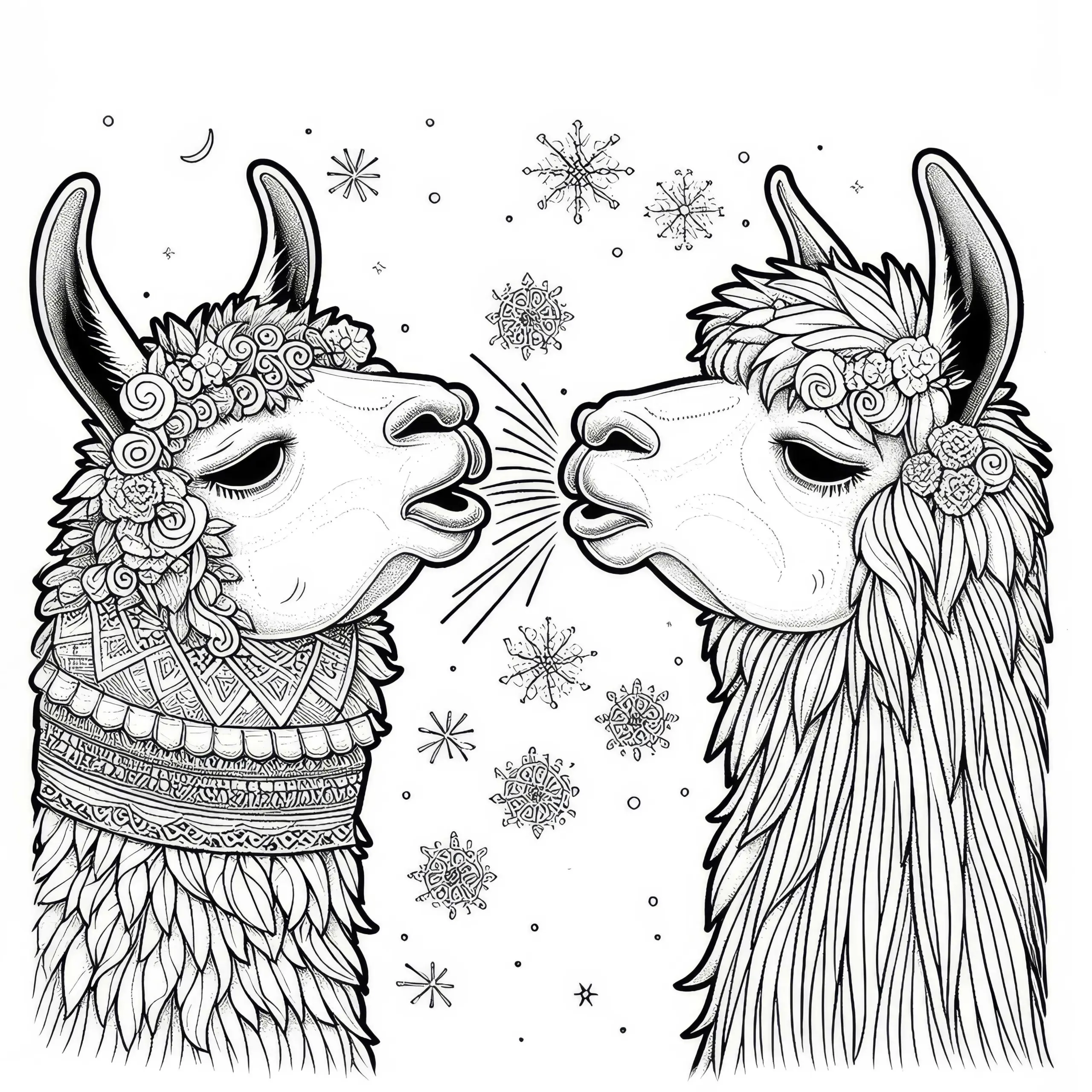 Zwei Lamas niesen sich ins Gesicht: Malvorlage zum Herunterladen (Kostenlos) (Ausmalbild)