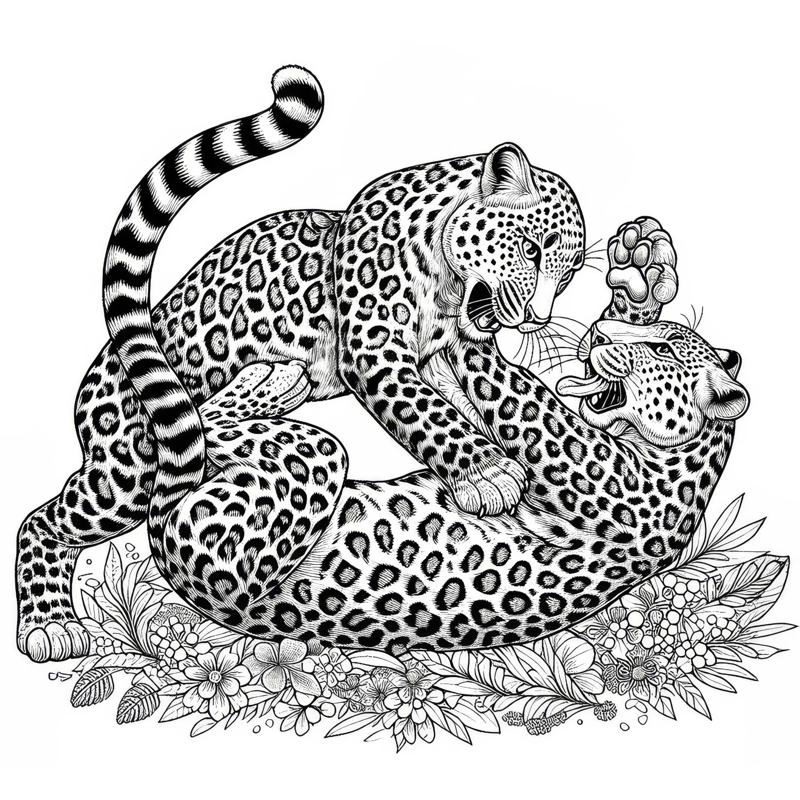 Zwei Leoparden im Kampf: Ausmalbild zum Download (Kostenlos)