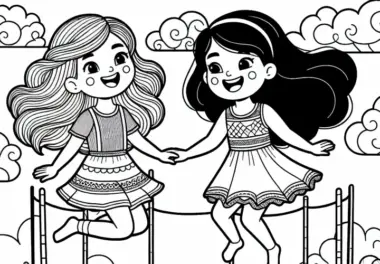 Zwei Mädchen auf dem Trampolin – Ausmalbild für Mädchen ab neun kostenlos