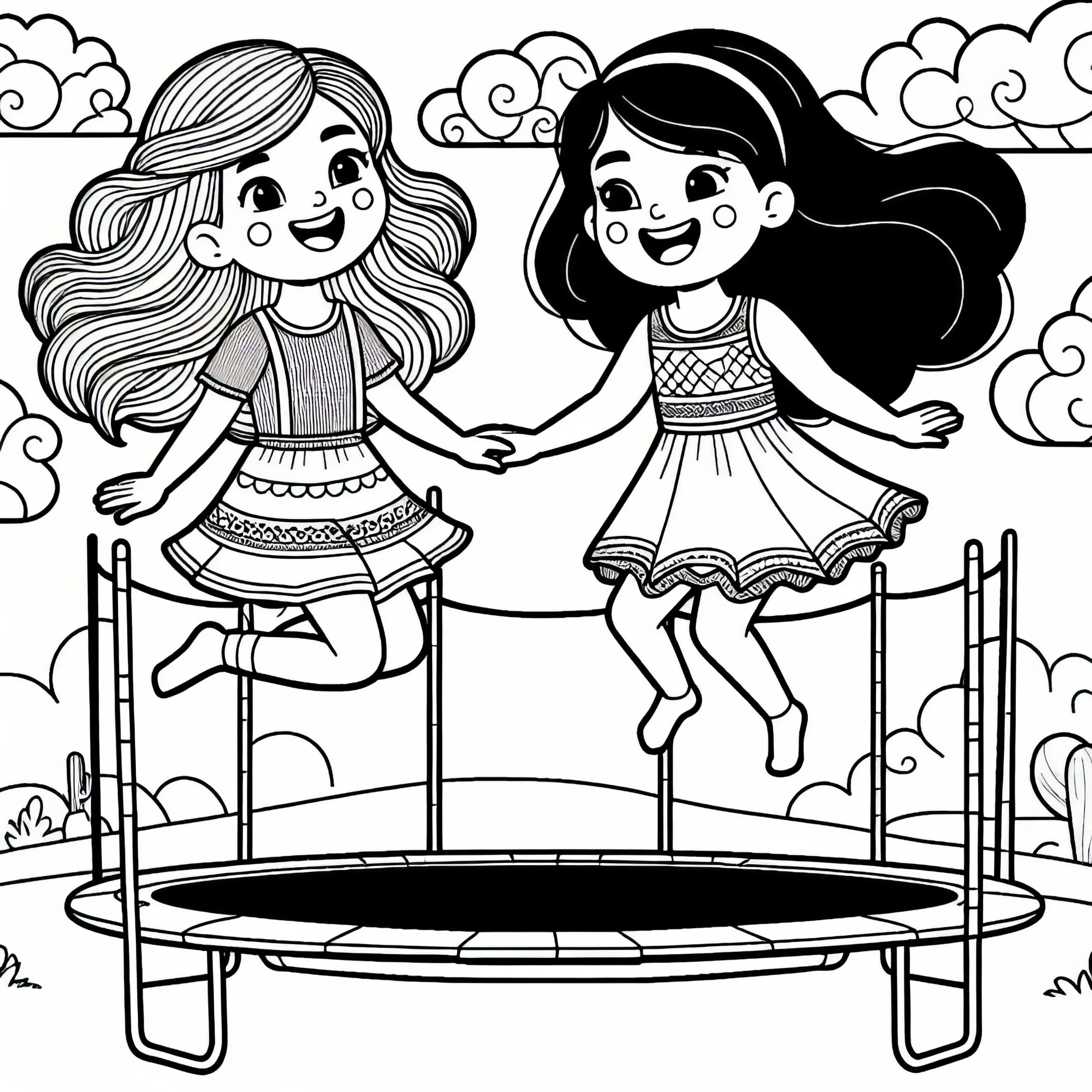 Zwei Mädchen auf dem Trampolin – Ausmalbild für Mädchen ab neun kostenlos