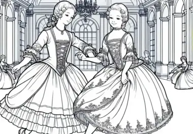 Zwei Mädchen tanzen in großem Saal – Ausmalbild Barockzeit kostenlos