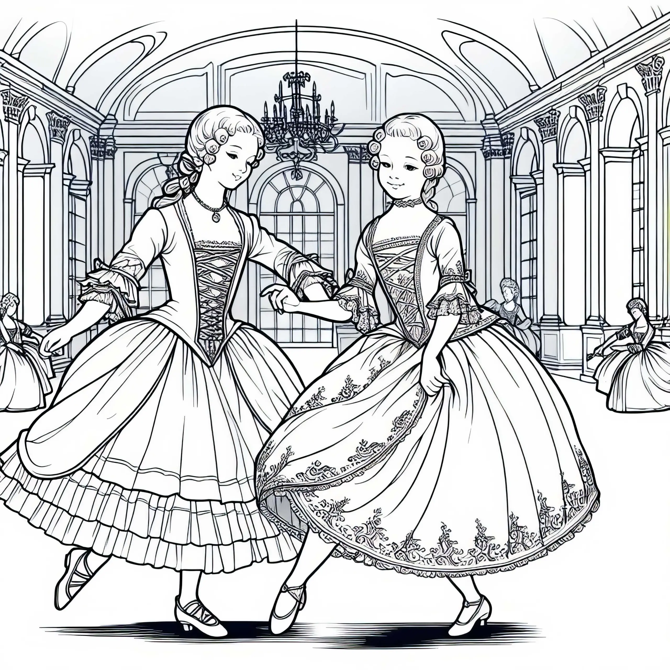 Zwei Mädchen tanzen in großem Saal – Ausmalbild Barockzeit kostenlos