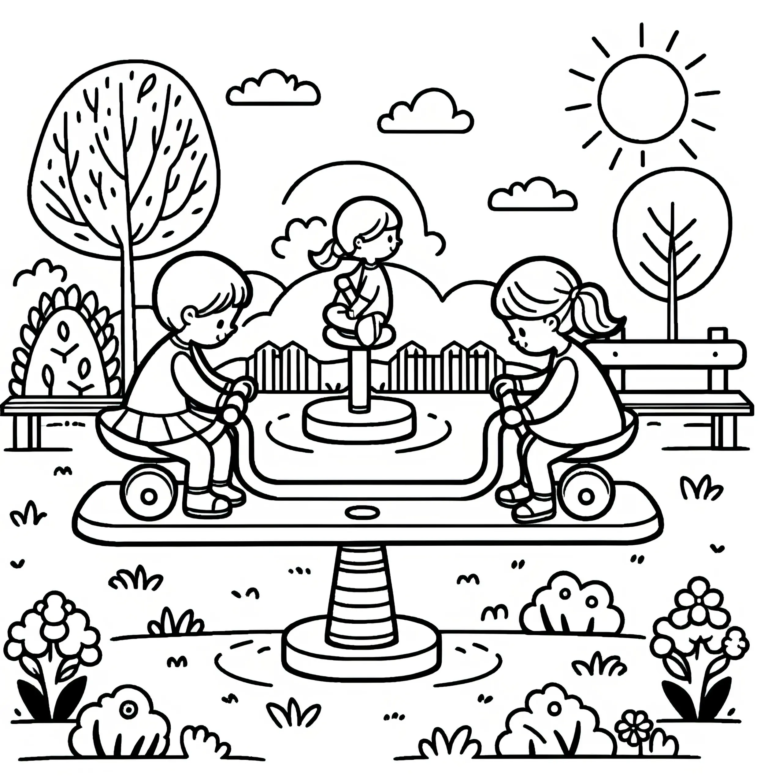 Zwei Mädchen auf Wippe auf dem Spielplatz: Malvorlage zum Herunterladen (Kostenlos) (Ausmalbild)
