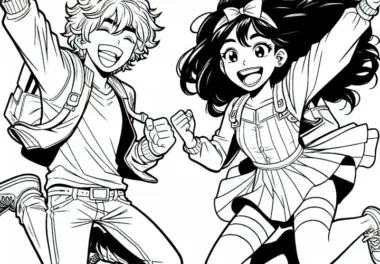 Zwei Manga-Freunde springen gleichzeitig in die Luft vor Freude – Malvorlage kostenlos