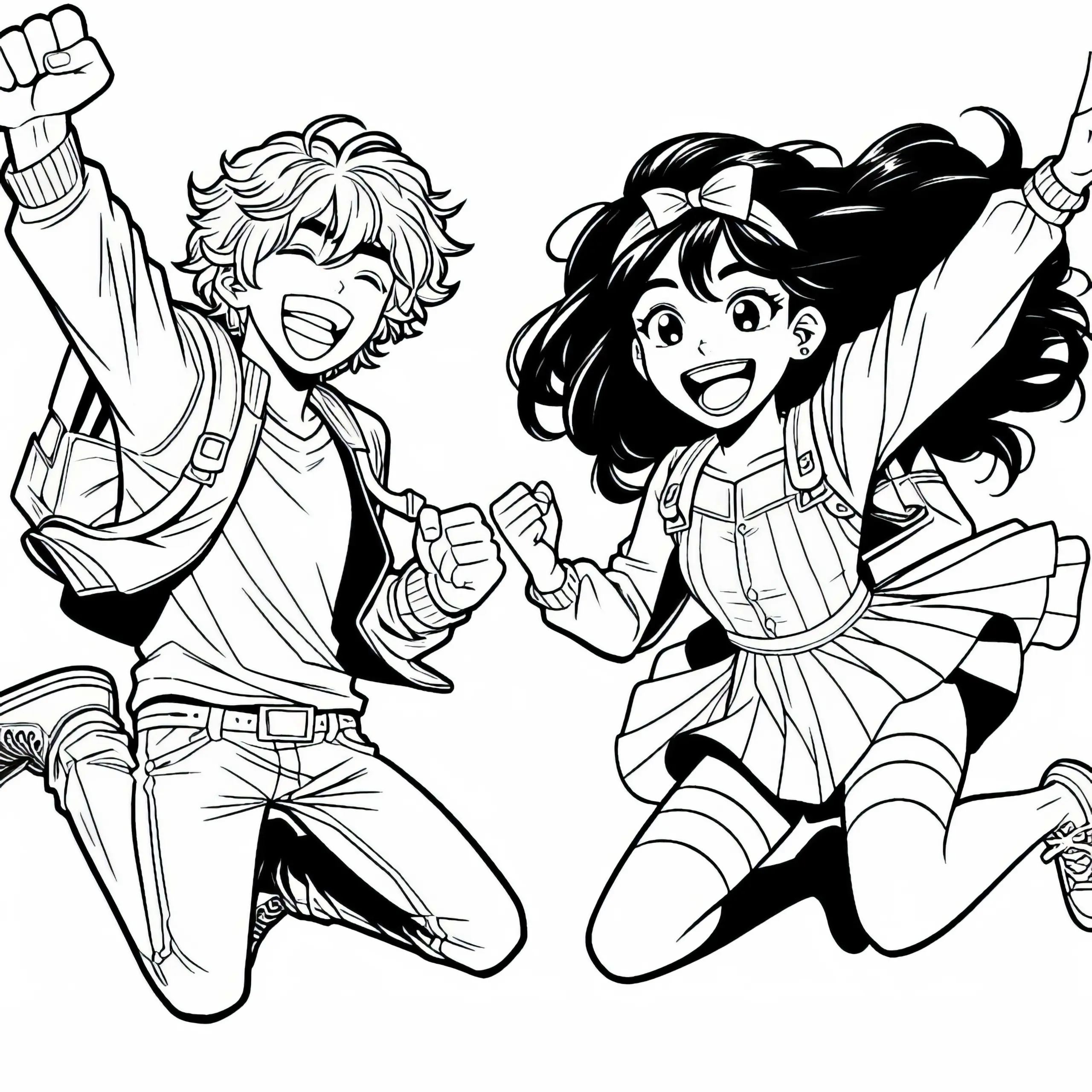 Zwei Manga-Freunde springen gleichzeitig in die Luft vor Freude – Malvorlage kostenlos (Ausmalbild)