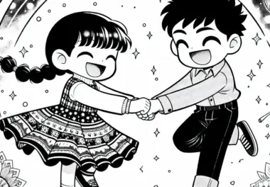 Zwei Manga-Kinder Halten Sich An Händen, Drehen Sich Lachend Im Kreis – Malvorlage Gratis
