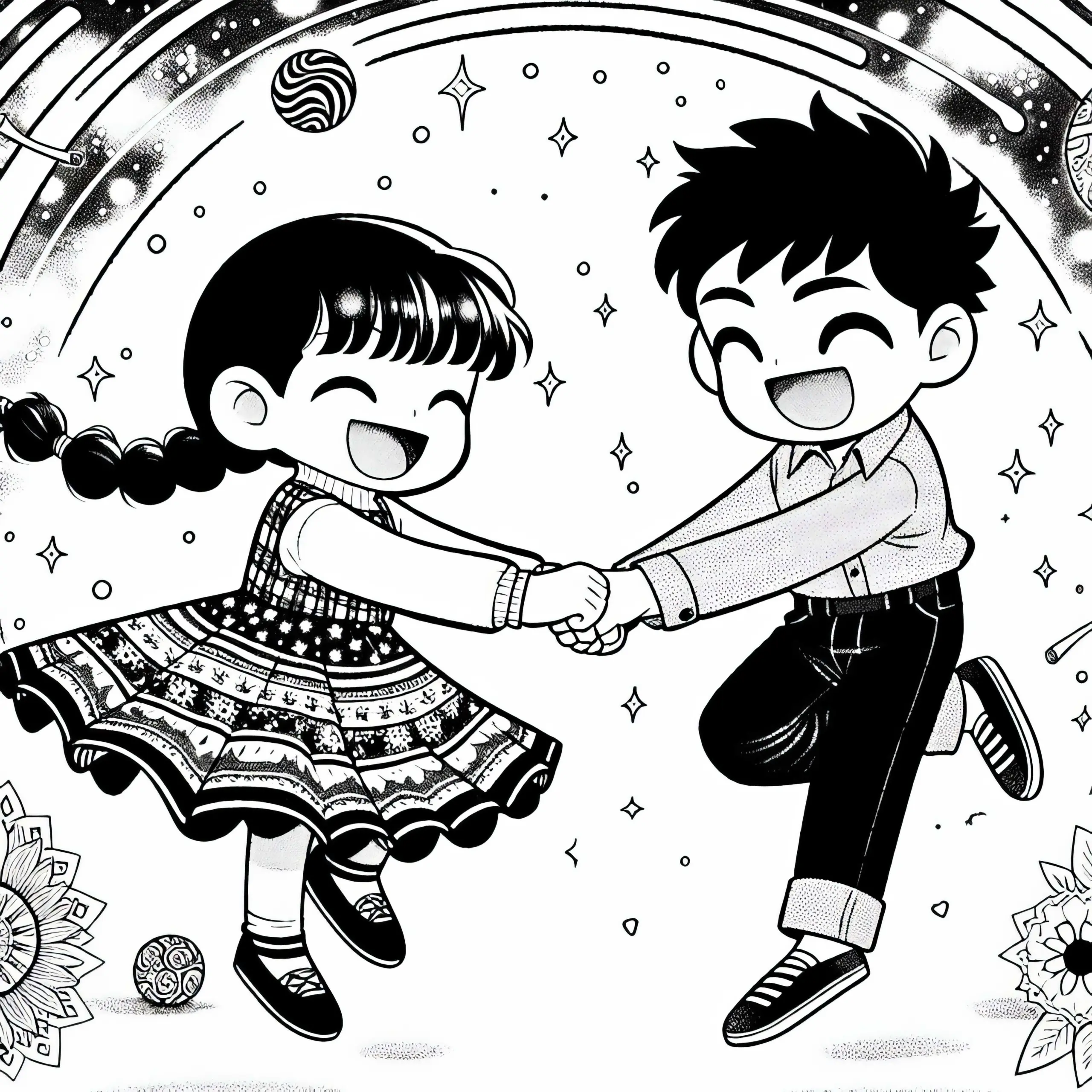 Zwei Manga-Kinder Halten Sich An Händen, Drehen Sich Lachend Im Kreis – Malvorlage Gratis (Ausmalbild)