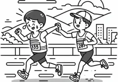 Zwei Marathonläufer motivieren sich gegenseitig während des Rennens – Ausmalbild kostenlos