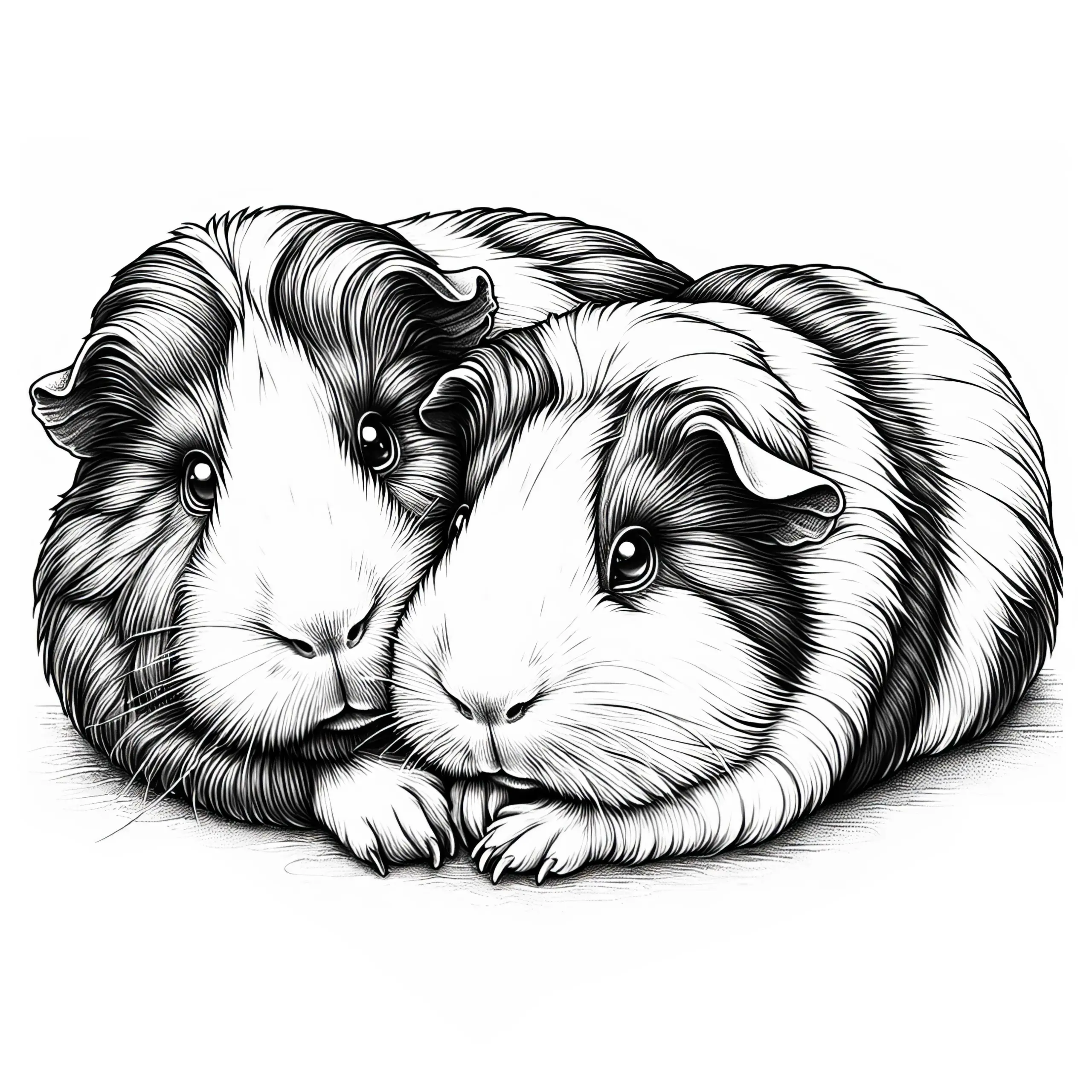 Zwei Meerschweinchen beim Kuscheln: Ausmalbild zum Download (Kostenlos)