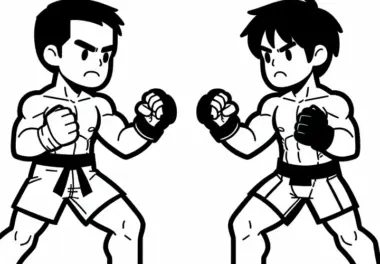 Zwei MMA Kämpfer stehen sich in Kampfstellung gegenüber – Ausmalbild kostenlos