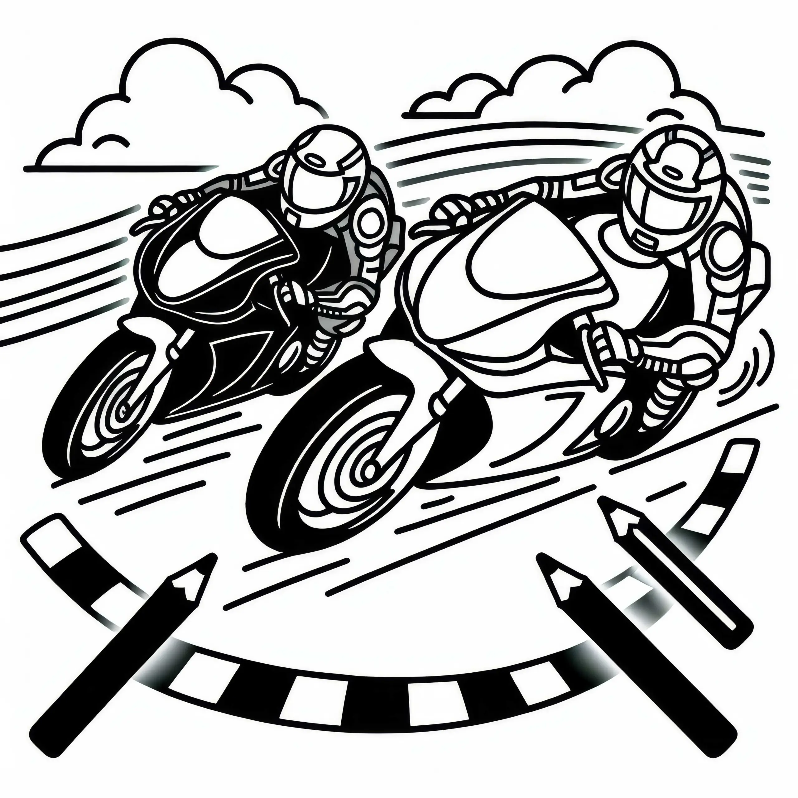 Zwei Motorräder liefern sich beim Motorsport Kopf-an-Kopf-Rennen – Malvorlage kostenlos (Ausmalbild)