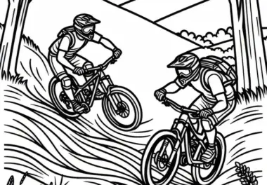 Zwei Mountainbiker liefern sich ein spannendes Rennen auf der Downhill-Strecke – Malvorlage gratis