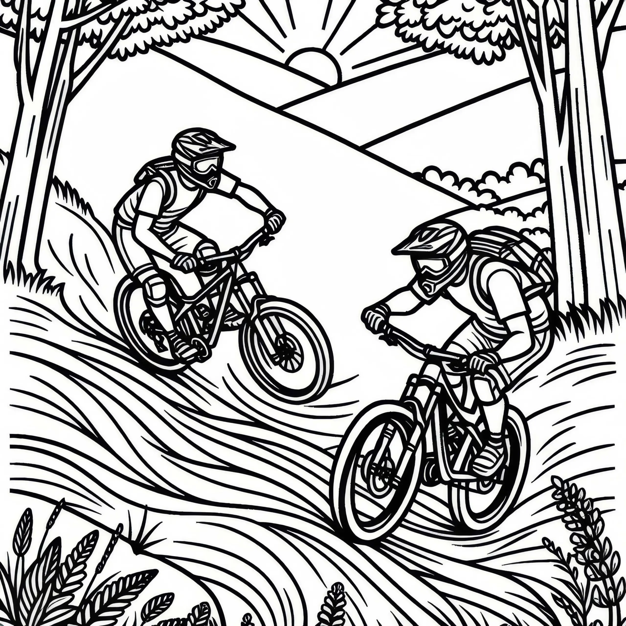 Zwei Mountainbiker liefern sich ein spannendes Rennen auf der Downhill-Strecke – Malvorlage gratis (Ausmalbild)