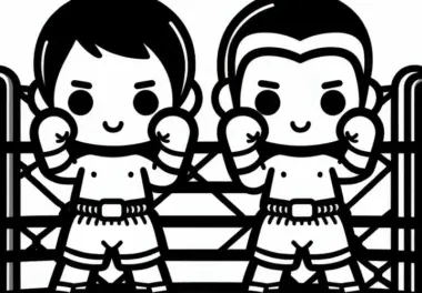 Zwei Muay Thai Kämpfer Stehen Mit Erhobenen Fäusten Im Ring – Ausmalbild Einfach Gratis