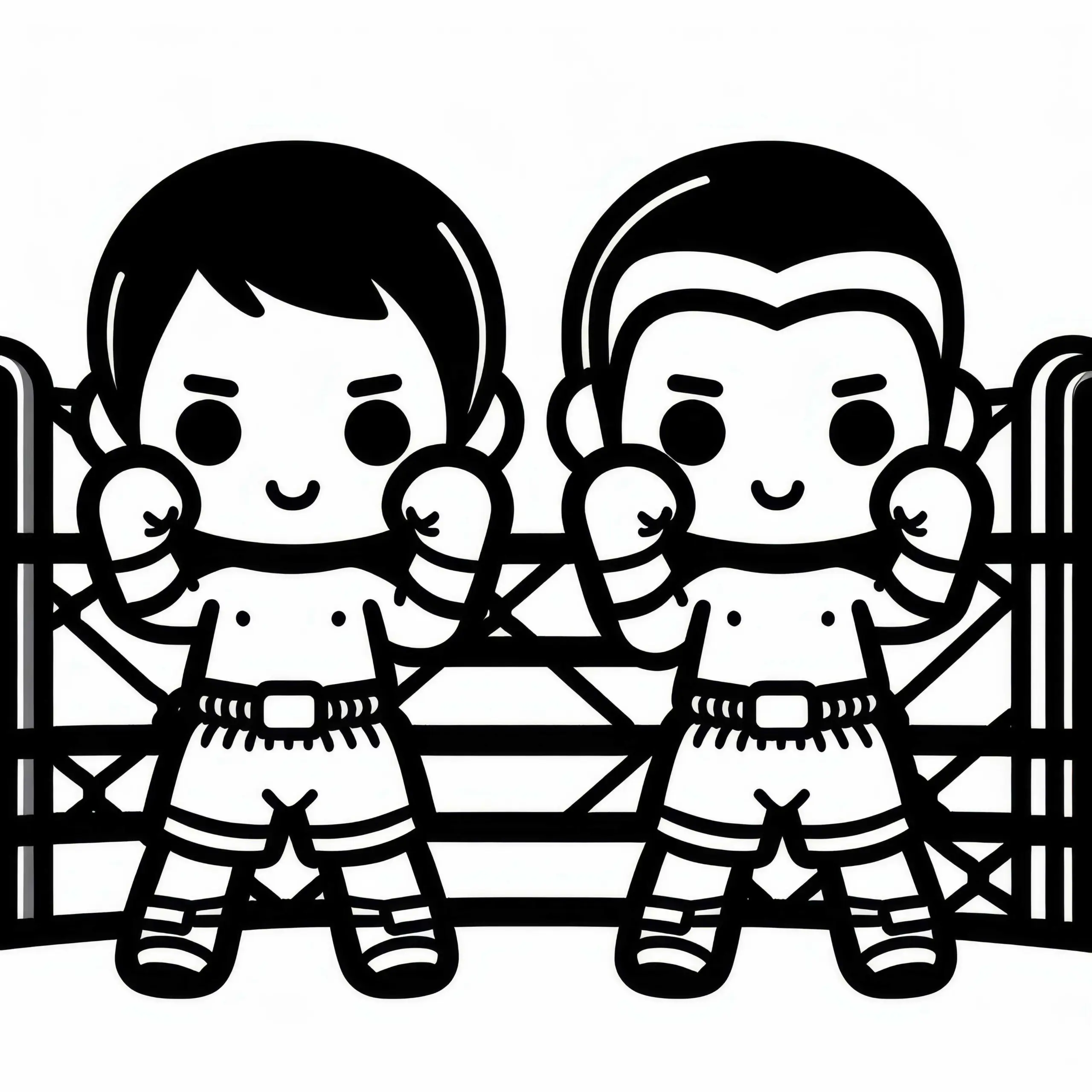 Zwei Muay Thai Kämpfer Stehen Mit Erhobenen Fäusten Im Ring – Ausmalbild Einfach Gratis