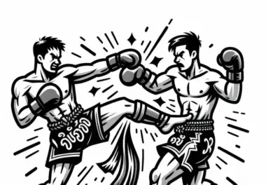 Zwei Muay Thai Kämpfer tauschen schnelle Schläge und Kicks aus – Ausmalbild kostenlos