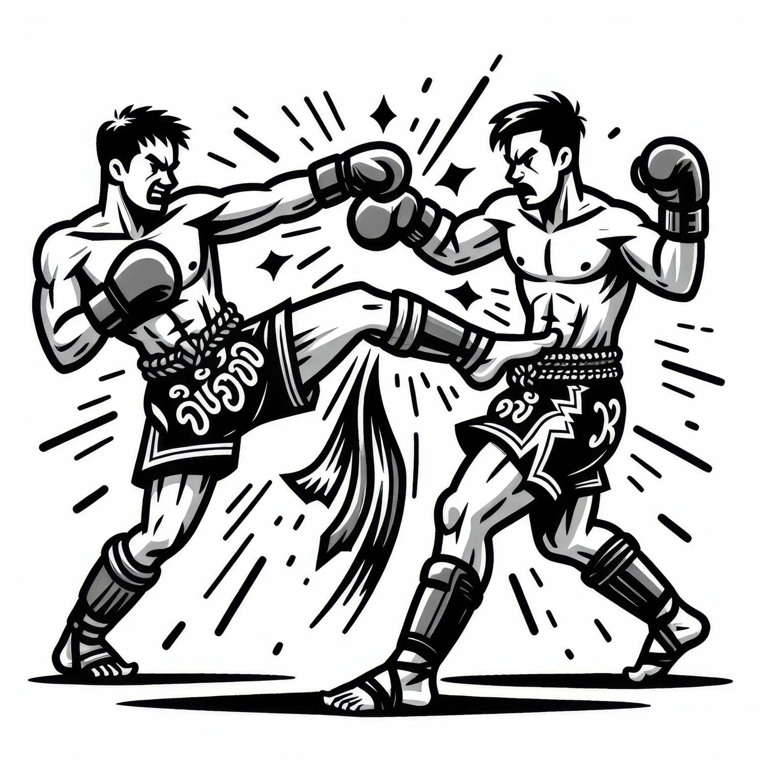 Zwei Muay Thai Kämpfer tauschen schnelle Schläge und Kicks aus – Ausmalbild kostenlos