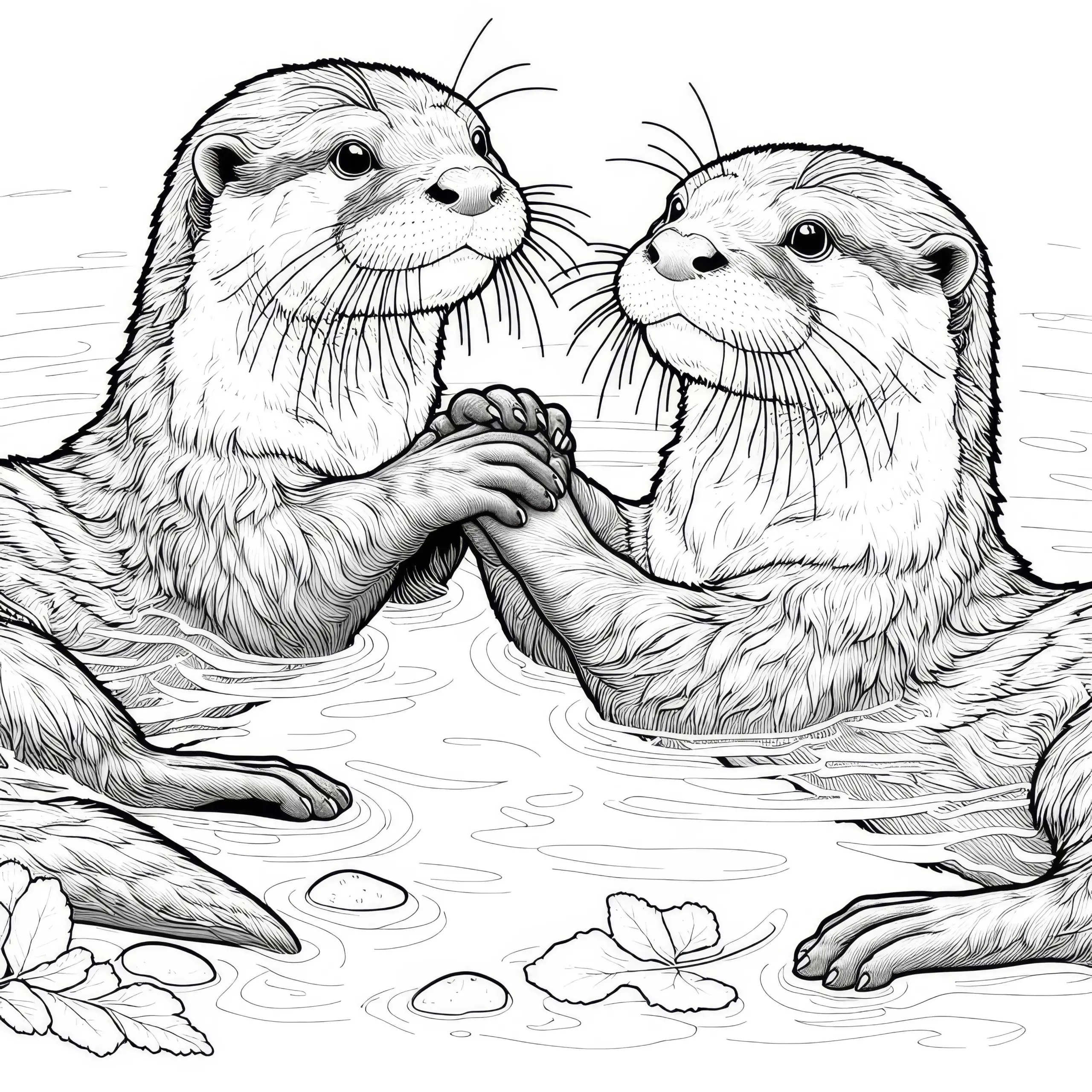 Zwei Otter halten sich an den Pfoten im Wasser: Kostenloses Ausmalbild