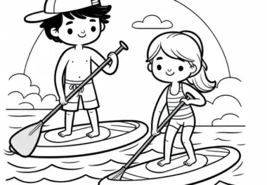 Zwei Paddleboarder gleiten nebeneinander über das Wasser – Malvorlage kostenlos