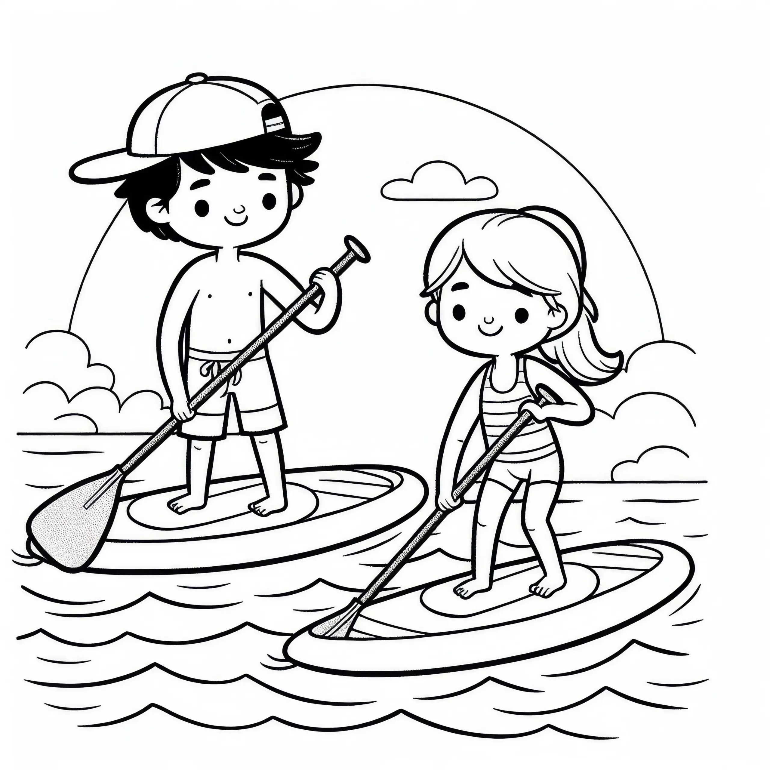 Zwei Paddleboarder gleiten nebeneinander über das Wasser – Malvorlage kostenlos (Ausmalbild)